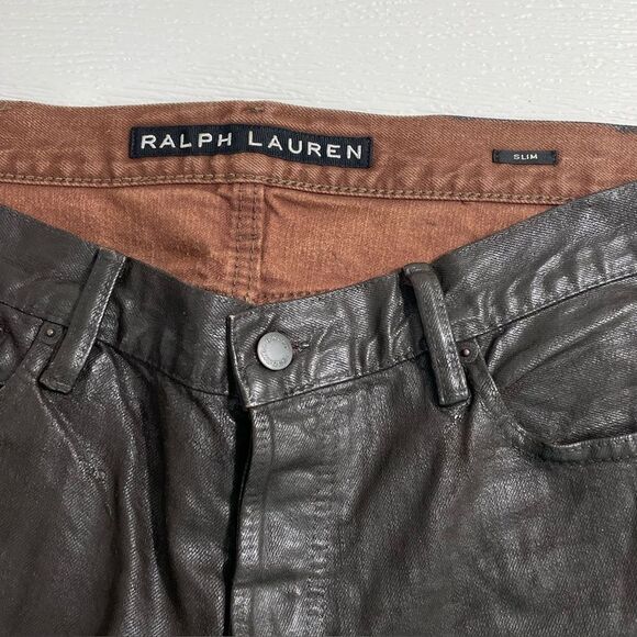 Ralph Lauren Black Label Wax Coated Slim Fit Jeans 36x32 Brown Tin Cloth Canvas - Picture 5 of 9